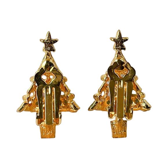 1980s Gold Plate Rhinestones Green & White Enamel Christmas Tree Clip Earrings - Picture 2 of 2